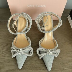 MACH & MACH Silver Crystal Bow Pointed Toe Ankle-Tie Pumps